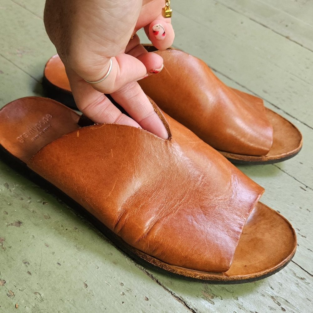 Leather Slide Sandals in Cognac Brown - Comfort Slip-On Sandals